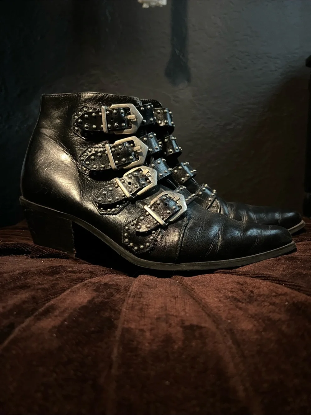 Studded Buckle Ankle Boots - Black